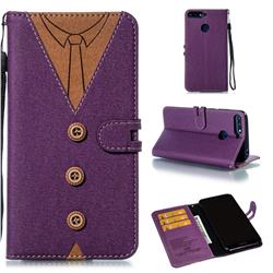 Mens Button Clothing Style Leather Wallet Phone Case for Huawei Enjoy 8E - Purple