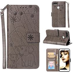 Embossing Fireworks Elephant Leather Wallet Case for Huawei Enjoy 8E - Gray