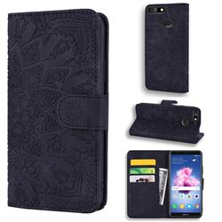 Retro Embossing Mandala Flower Leather Wallet Case for Huawei Enjoy 8E - Black