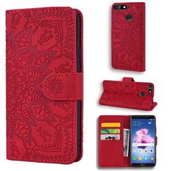 Retro Embossing Mandala Flower Leather Wallet Case for Huawei Enjoy 8E - Red