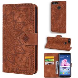 Retro Embossing Mandala Flower Leather Wallet Case for Huawei Enjoy 8E - Brown