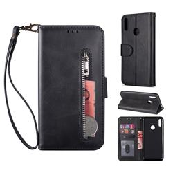 Retro Calfskin Zipper Leather Wallet Case Cover for Huawei Enjoy 9 - Black