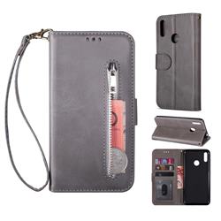 Retro Calfskin Zipper Leather Wallet Case Cover for Huawei Enjoy 9 - Grey