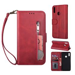 Retro Calfskin Zipper Leather Wallet Case Cover for Huawei Enjoy 9 - Red