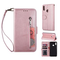 Retro Calfskin Zipper Leather Wallet Case Cover for Huawei Enjoy 9 - Rose Gold