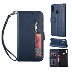 Retro Calfskin Zipper Leather Wallet Case Cover for Huawei Enjoy 9 - Blue