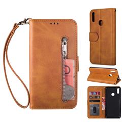 Retro Calfskin Zipper Leather Wallet Case Cover for Huawei Enjoy 9 - Brown