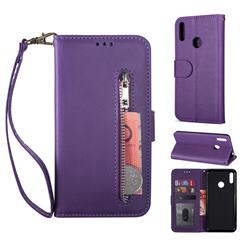 Retro Calfskin Zipper Leather Wallet Case Cover for Huawei Enjoy 9 - Purple
