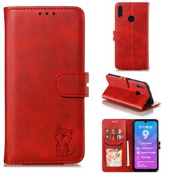 Embossing Happy Cat Leather Wallet Case for Huawei Enjoy 9 - Red