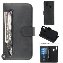 Retro Luxury Zipper Leather Phone Wallet Case for Huawei Enjoy 9 - Black
