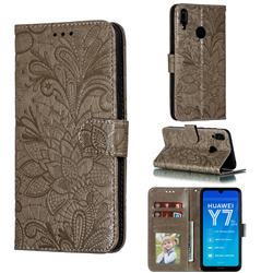 Intricate Embossing Lace Jasmine Flower Leather Wallet Case for Huawei Enjoy 9 - Gray
