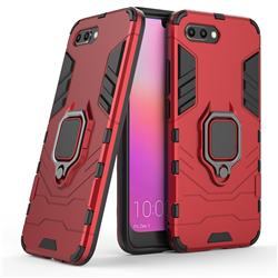 Black Panther Armor Metal Ring Grip Shockproof Dual Layer Rugged Hard Cover for Huawei Honor 10 - Red