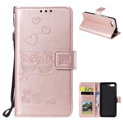 Embossing Owl Couple Flower Leather Wallet Case for Huawei Honor 10 - Rose Gold