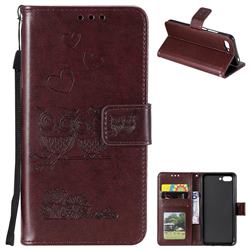 Embossing Owl Couple Flower Leather Wallet Case for Huawei Honor 10 - Brown