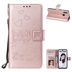 Embossing Owl Couple Flower Leather Wallet Case for Huawei Honor 10 Lite - Rose Gold