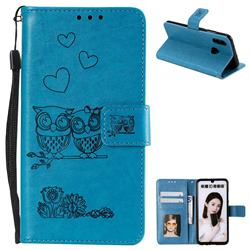 Embossing Owl Couple Flower Leather Wallet Case for Huawei Honor 10 Lite - Blue