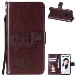 Embossing Owl Couple Flower Leather Wallet Case for Huawei Honor 10 Lite - Brown