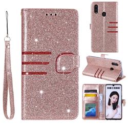 Retro Stitching Glitter Leather Wallet Phone Case for Huawei Honor 10 Lite - Rose Gold