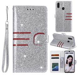 Retro Stitching Glitter Leather Wallet Phone Case for Huawei Honor 10 Lite - Silver