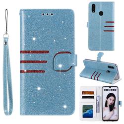 Retro Stitching Glitter Leather Wallet Phone Case for Huawei Honor 10 Lite - Blue