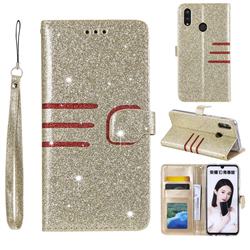 Retro Stitching Glitter Leather Wallet Phone Case for Huawei Honor 10 Lite - Golden