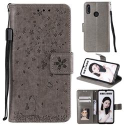 Embossing Cherry Blossom Cat Leather Wallet Case for Huawei Honor 10 Lite - Gray