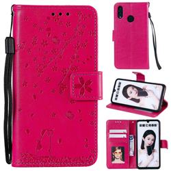 Embossing Cherry Blossom Cat Leather Wallet Case for Huawei Honor 10 Lite - Rose