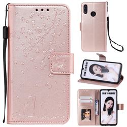 Embossing Cherry Blossom Cat Leather Wallet Case for Huawei Honor 10 Lite - Rose Gold
