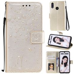 Embossing Cherry Blossom Cat Leather Wallet Case for Huawei Honor 10 Lite - Golden