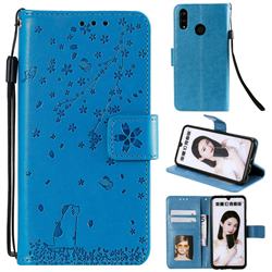 Embossing Cherry Blossom Cat Leather Wallet Case for Huawei Honor 10 Lite - Blue