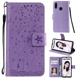 Embossing Cherry Blossom Cat Leather Wallet Case for Huawei Honor 10 Lite - Purple