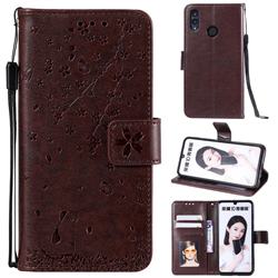 Embossing Cherry Blossom Cat Leather Wallet Case for Huawei Honor 10 Lite - Brown