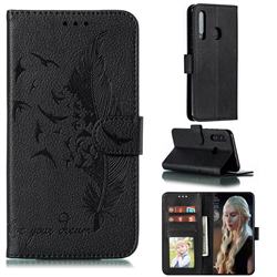 Intricate Embossing Lychee Feather Bird Leather Wallet Case for Huawei Honor 10 Lite - Black