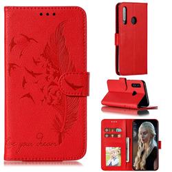 Intricate Embossing Lychee Feather Bird Leather Wallet Case for Huawei Honor 10 Lite - Red