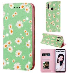 Ultra Slim Daisy Sparkle Glitter Powder Magnetic Leather Wallet Case for Huawei Honor 10 Lite - Green
