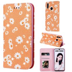 Ultra Slim Daisy Sparkle Glitter Powder Magnetic Leather Wallet Case for Huawei Honor 10 Lite - Orange