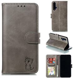 Embossing Happy Cat Leather Wallet Case for Huawei Honor 20 - Gray