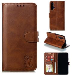 Embossing Happy Cat Leather Wallet Case for Huawei Honor 20 - Brown