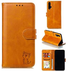 Embossing Happy Cat Leather Wallet Case for Huawei Honor 20 - Yellow