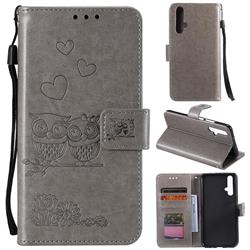 Embossing Owl Couple Flower Leather Wallet Case for Huawei Honor 20 - Gray