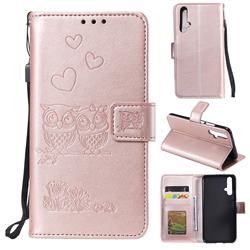 Embossing Owl Couple Flower Leather Wallet Case for Huawei Honor 20 - Rose Gold