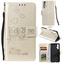 Embossing Owl Couple Flower Leather Wallet Case for Huawei Honor 20 - Golden