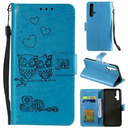 Embossing Owl Couple Flower Leather Wallet Case for Huawei Honor 20 - Blue