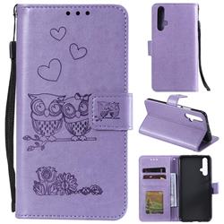 Embossing Owl Couple Flower Leather Wallet Case for Huawei Honor 20 - Purple