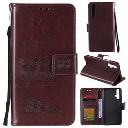 Embossing Owl Couple Flower Leather Wallet Case for Huawei Honor 20 - Brown