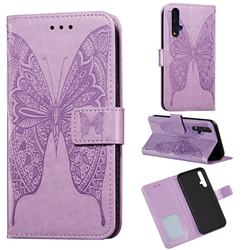 Intricate Embossing Vivid Butterfly Leather Wallet Case for Huawei Honor 20 - Purple