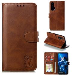 Embossing Happy Cat Leather Wallet Case for Huawei Honor 20 Pro - Brown