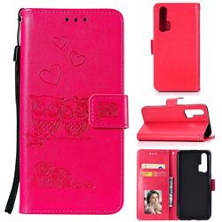 Embossing Owl Couple Flower Leather Wallet Case for Huawei Honor 20 Pro - Red