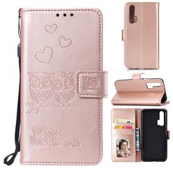 Embossing Owl Couple Flower Leather Wallet Case for Huawei Honor 20 Pro - Rose Gold