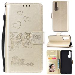 Embossing Owl Couple Flower Leather Wallet Case for Huawei Honor 20 Pro - Golden